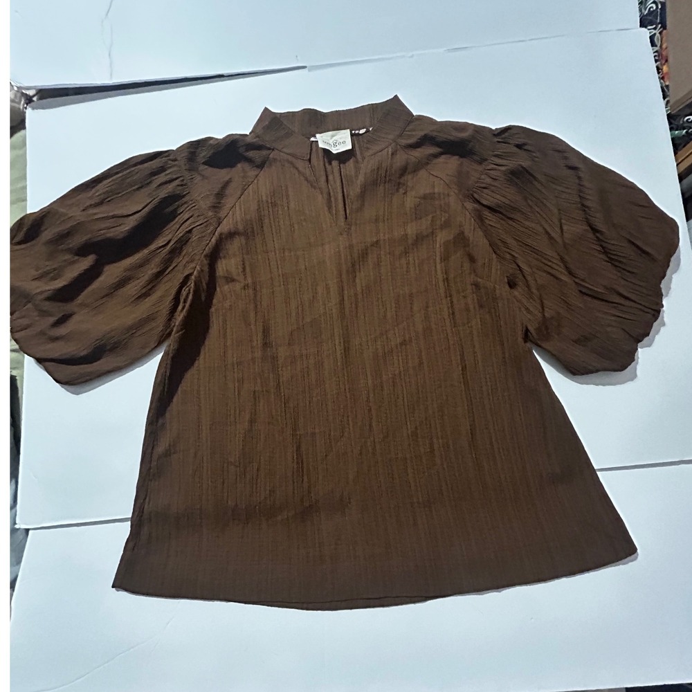 Umgee Brown Crinkle Cotton Blend Puff Sleeve Split Neck Boho Blouse Rustic Chic